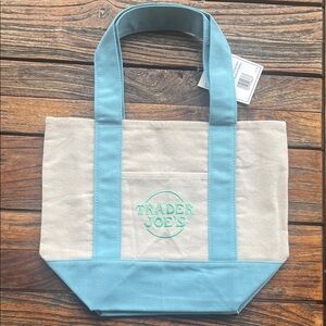 Trader Joe's Cream Canvas Tote with Light Blue Trim